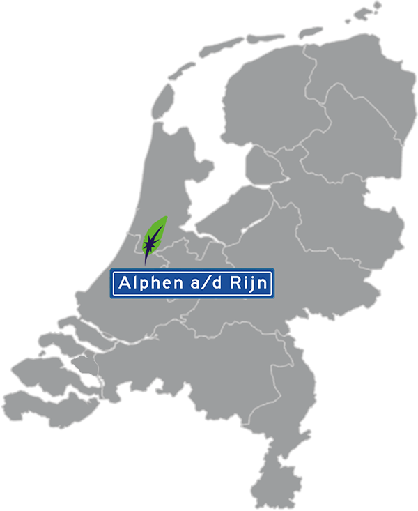 Landkaart Nederland grijs - locatie Dagnall Taleninstituut in Alphen aan den Rijn - aangegeven met blauw plaatsnaambord met witte letters en Dagnall veer - op transparante achtergrond - 600 * 733 pixels
